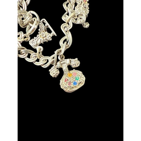 Vintage Silver-Tone Link Chain 9 Filigree Gem Charm Bracelet 7.5” - Picture 9 of 14